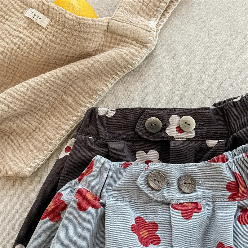 Children Girls Flower Pant Cotton Printed Loose Cropped Pant Fot Baby Girl Ins Toddler Girl Mosquito-proof Pant Kids Girl Shorts