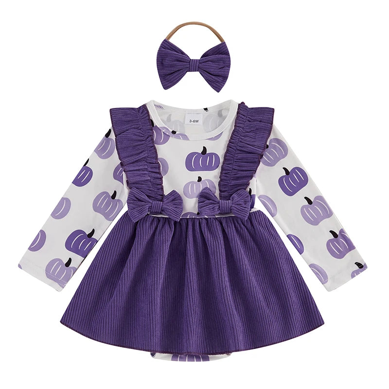 Toddler Girls Halloween Costume Dress with Pumpkin Print Romper Flying Sleeves O Neck and Matching Headband for a Spooky Look