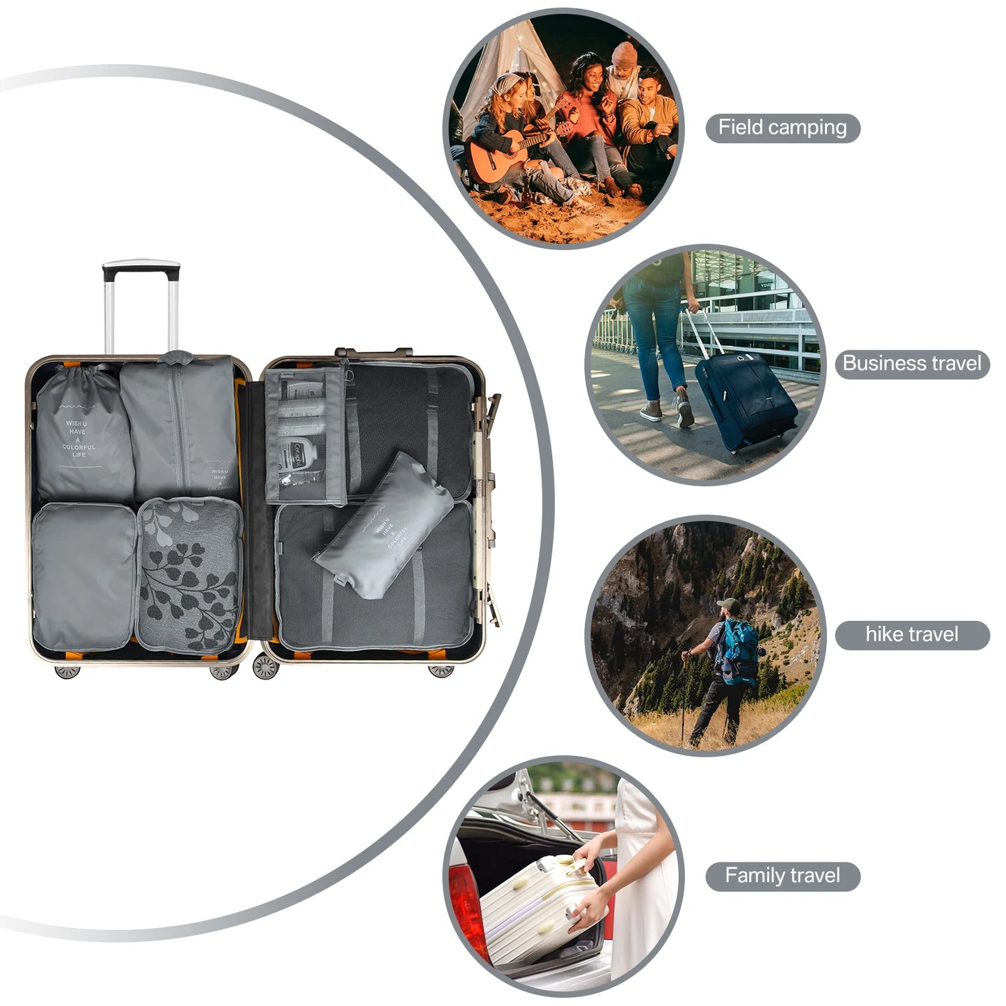 Waterproof Packing Cubes 8pc Set for Suitcases Travel Packing Organizer With Double Zipper Pulls Mesh Top 100% Durable Polyester