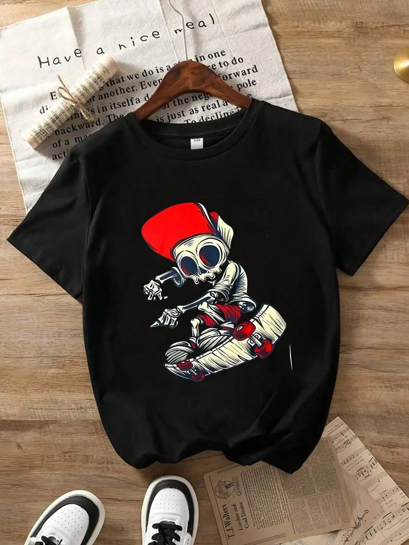 Tween Boys Skull Skateboarding Cotton Graphic Tees, Black Casual Style Summer Tops With Cool Skeleton Art