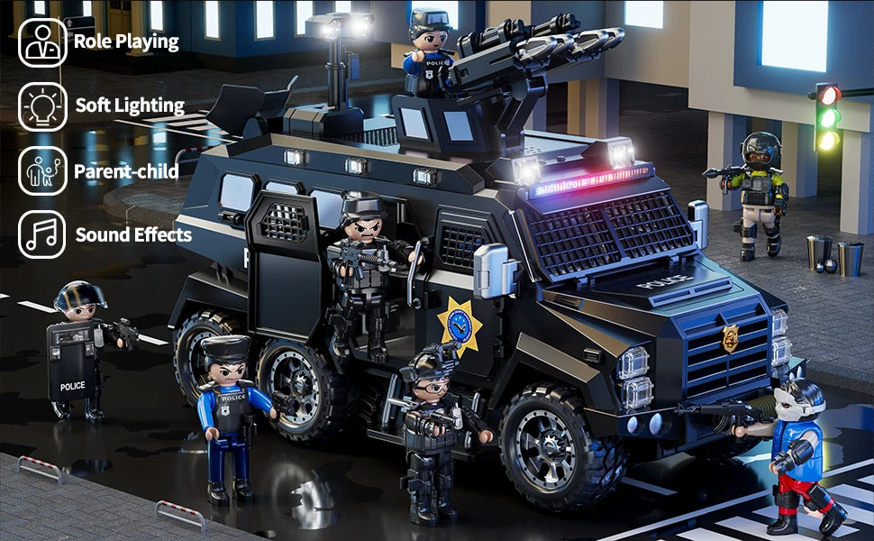 Police Sword Toothed Tiger Explosion Proof Cars Childrens Toys Black Armored Off-Road Vehicles Car Model Sound Light Toys Gifts