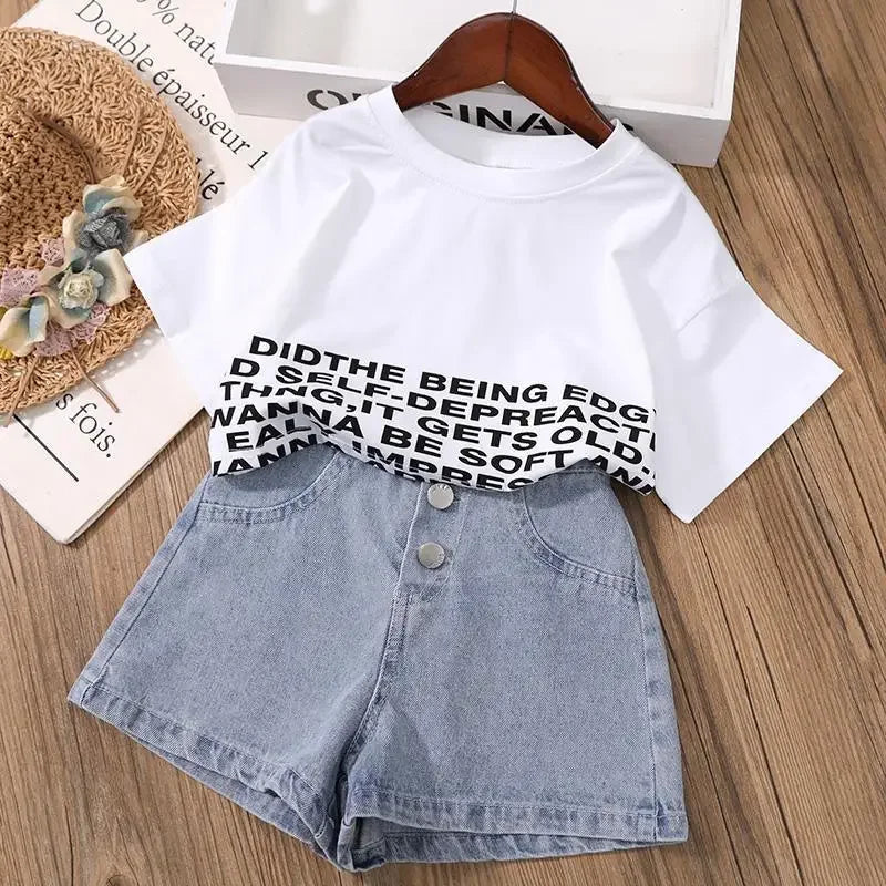 Kids Girls short Clothes Set Summer cotton Crop Tops T-shirt+Denim shorts 2pcs teens Girl Outfits Baby Girls Clothing 4 5 7 10 1