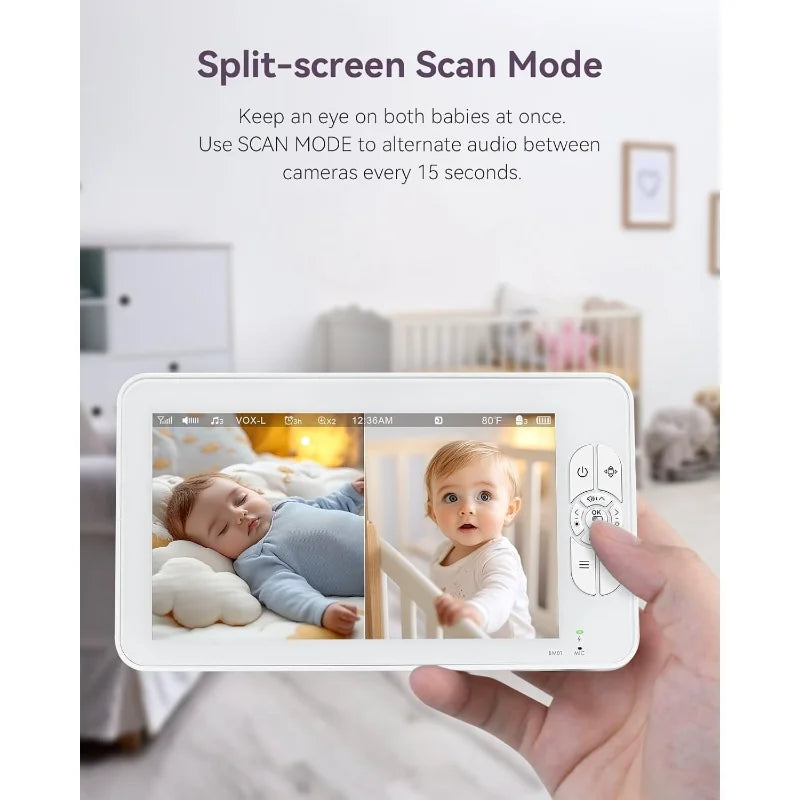 Split-Screen Baby Monitor with 2 1080P Cameras, 7" HD 720P Baby Monitor No WiFi with a Flexible Bracket, Video Baby Monitor with