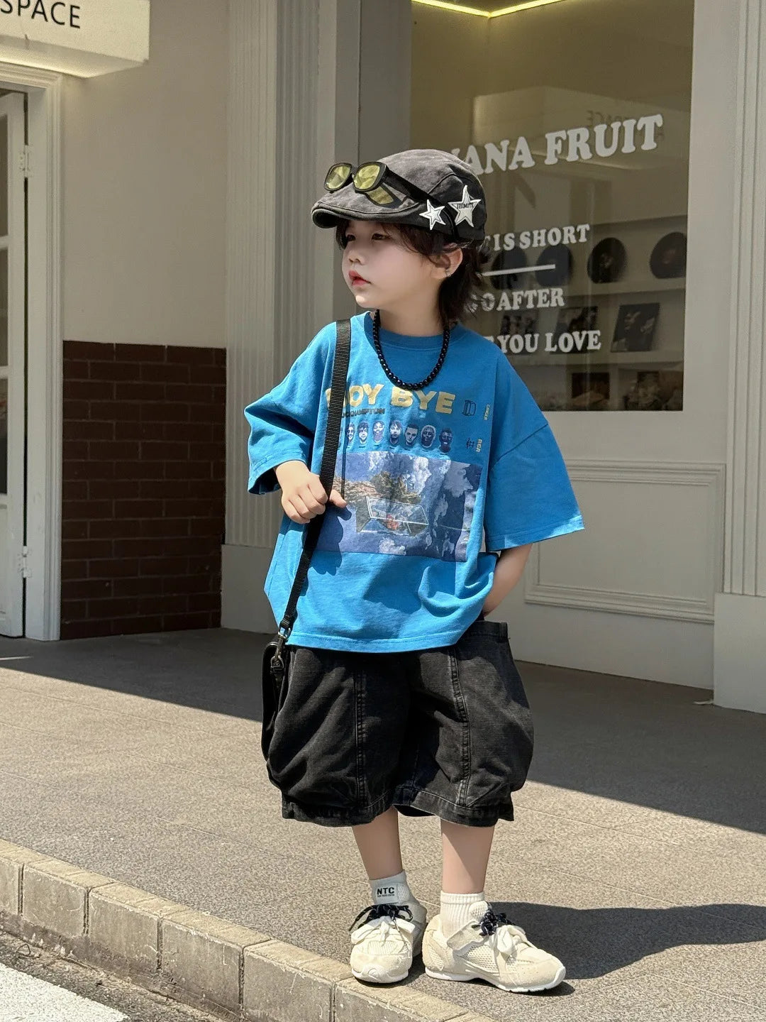 Children T-shirt Summer Boys Fashion Handsome Print Blue Crewneck Short Sleeve Loose Fit Version Tops Kid Clothes Tees A52020