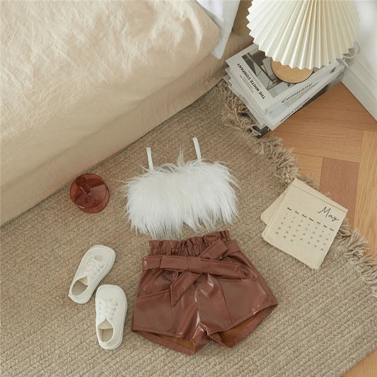 Listenwind 2-7Y Kids Children Girls Clothes Set Vest Tops Pu Leather Bow Shorts Summer Outfits