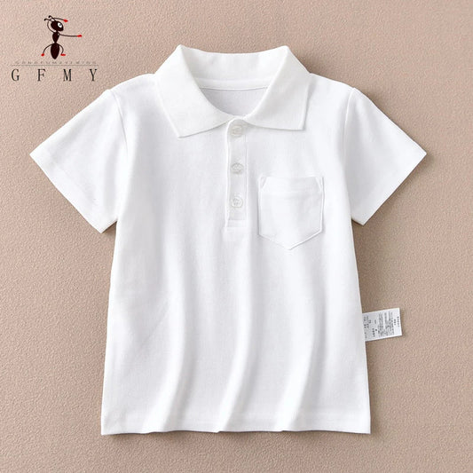 Children's short-sleeve Polo Shirts Boys and Girls 2025 Summer t-shirts 100% Cotton White School Tops 2T-16T Performance costume