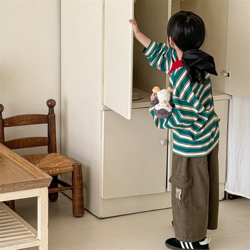 2025 Spring New Children Cargo Pants Cotton Boys Casual Pants Solid Versatile Baby Girls Loose Trousers Kids Wide Leg Pants