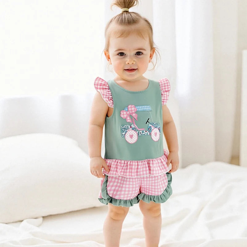 Adorable Infant Girl s Summer Ensemble Cute Golf Cart Embroidered Flutter Sleeve Top with Plaid Print Shorts 2-Piece Set