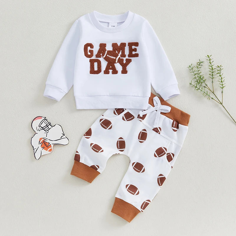 Baby Boy 2Pcs Football Outfit Long Sleeve Letter Embroidery Sweatshirt Trousers Set Toddler Clothes