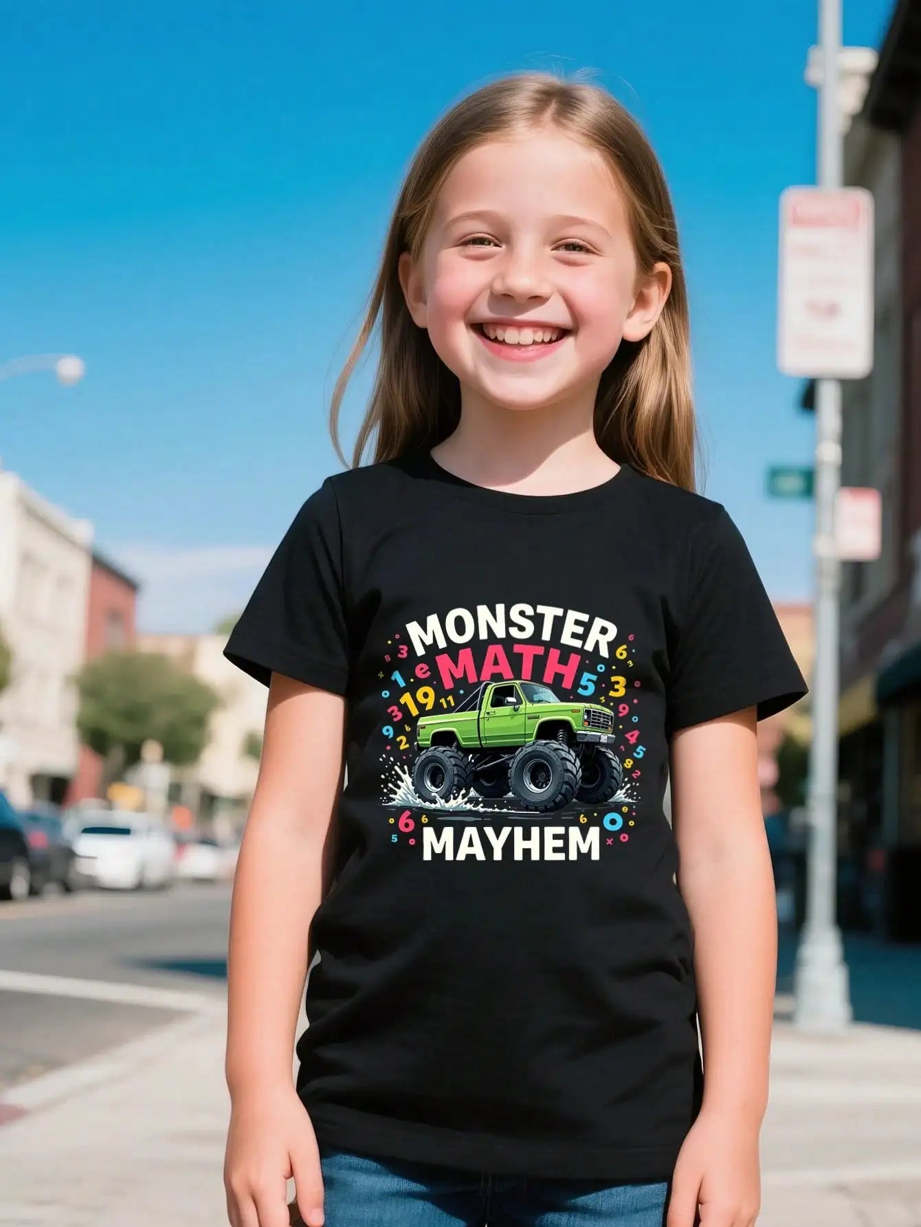 Boys/Girls Monster Truck Math Mayhem Back To School Cotton Graphic Tees, Black Casual With Numerical Monster Truck Design