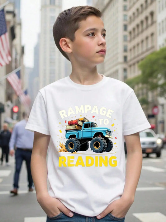 Boys/Girls Monster Truck Rampage Back To School Cotton Graphic Tees, Black Summer Tops With Bold Text And Vehicle Design