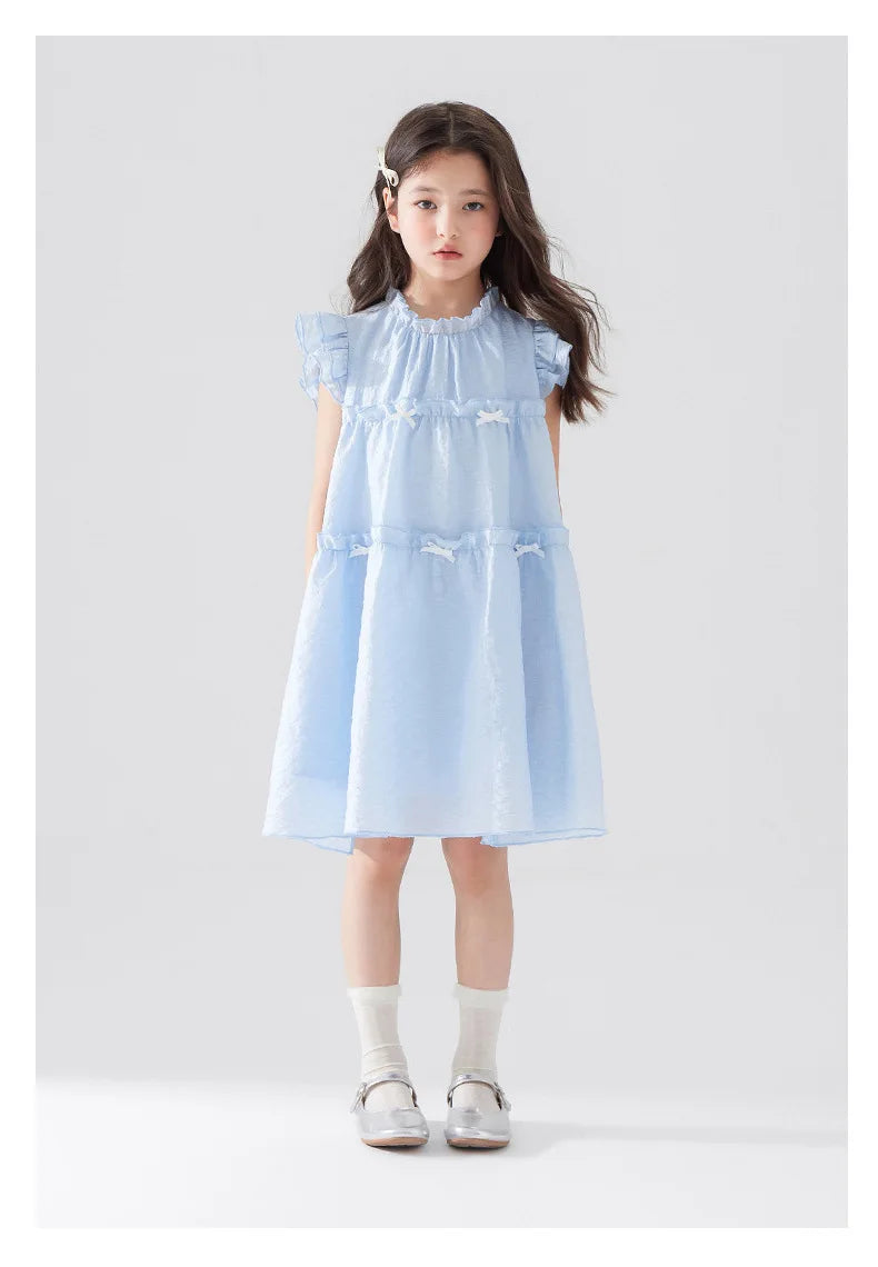 Girls Summer Dress Sweet Flying Sleeve Bow Lace Ruched Kids Girls Princess Dress Thin Cotton Cool Children Girls Dress
