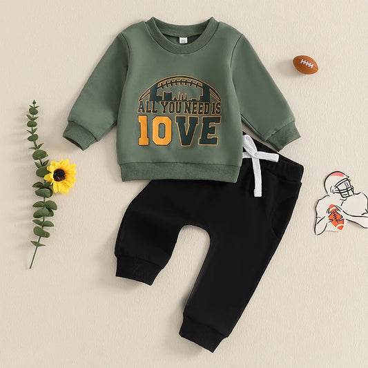 Toddler Unisex Autumn Clothes Set Long Sleeve Round Neck Letter Print Top with Bow Tie Solid Color Trousers for Baby Girl Boy