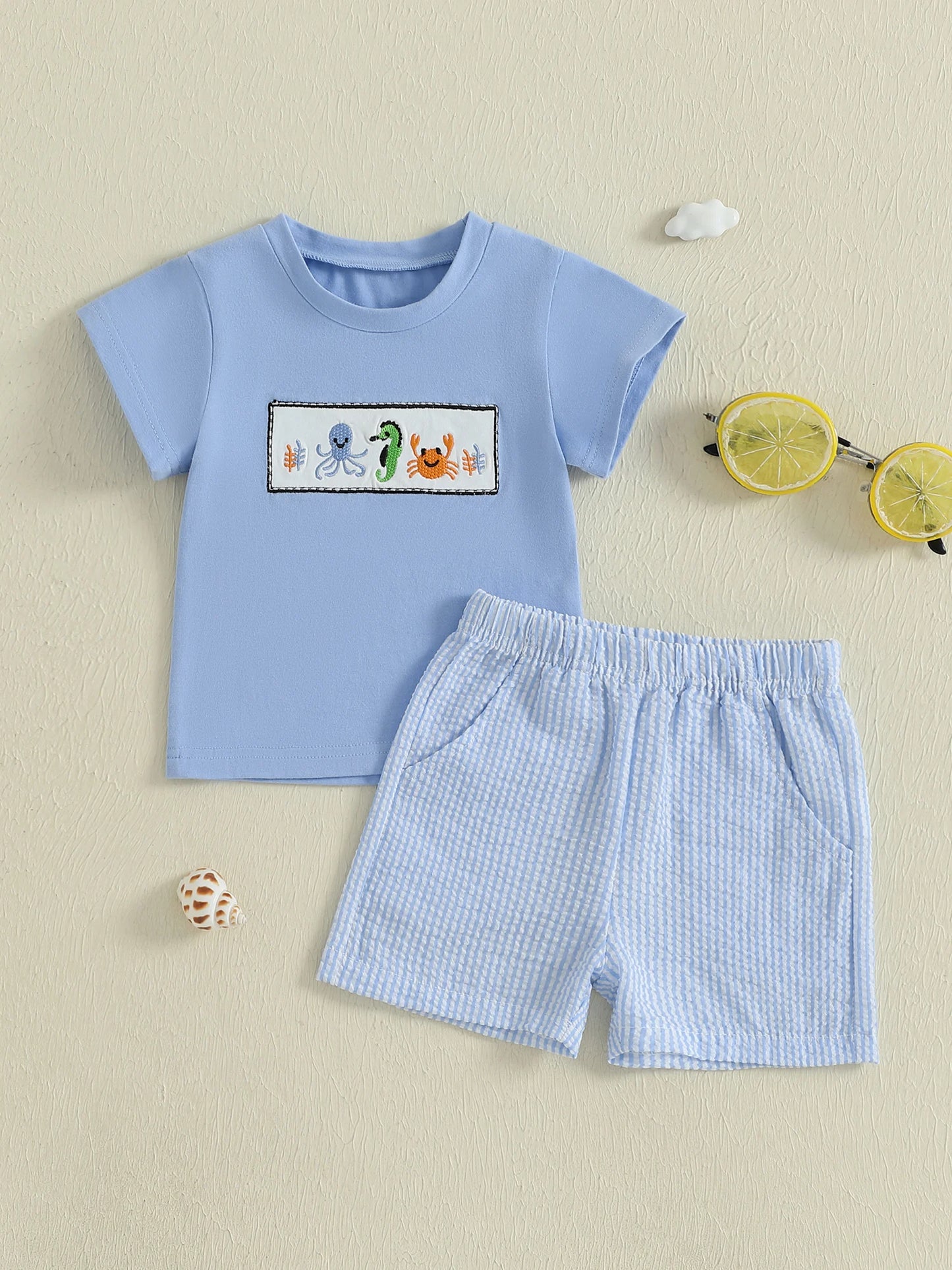 Boys Summer Outfit Set with Short Sleeve Ocean Animal Embroidered Top and Striped Shorts - Cute and Comfy Summer Wear