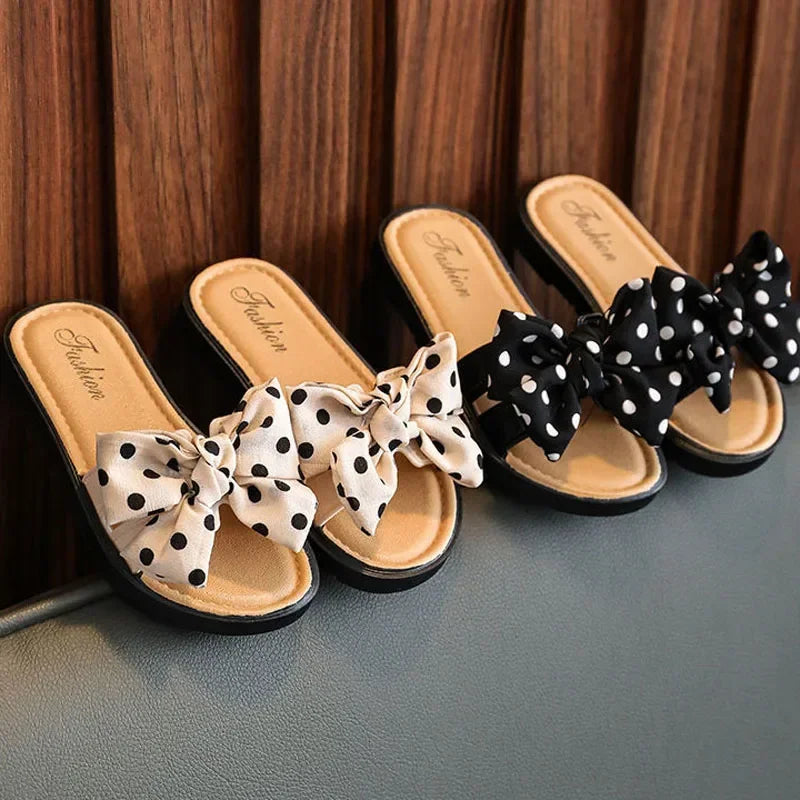 2024 New Bow Flats Open Toe Slide Sandals Non-slip Flip Flops Children Home Slippers Kids Girls Summer Cute Beach Slippers Shoe