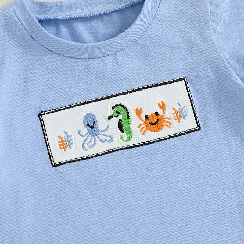 Boys Summer Outfit Set with Short Sleeve Ocean Animal Embroidered Top and Striped Shorts - Cute and Comfy Summer Wear