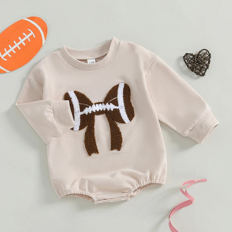Infant Girl Football Print Long Sleeve Bubble Romper with Crew Neck and Bow Detail - Adorable Newborn Bodysuit for Game Day