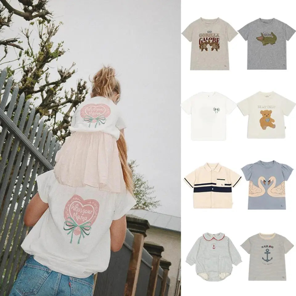 2025 Summer KS Children's Clothing Baby Girls Cartoon Swan Short Sleeve T Shirts Suits Boys Gorilla Bottom T-shirt Kids Home Set