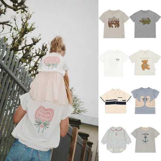 2025 Summer KS Children's Clothing Baby Girls Cartoon Swan Short Sleeve T Shirts Suits Boys Gorilla Bottom T-shirt Kids Home Set