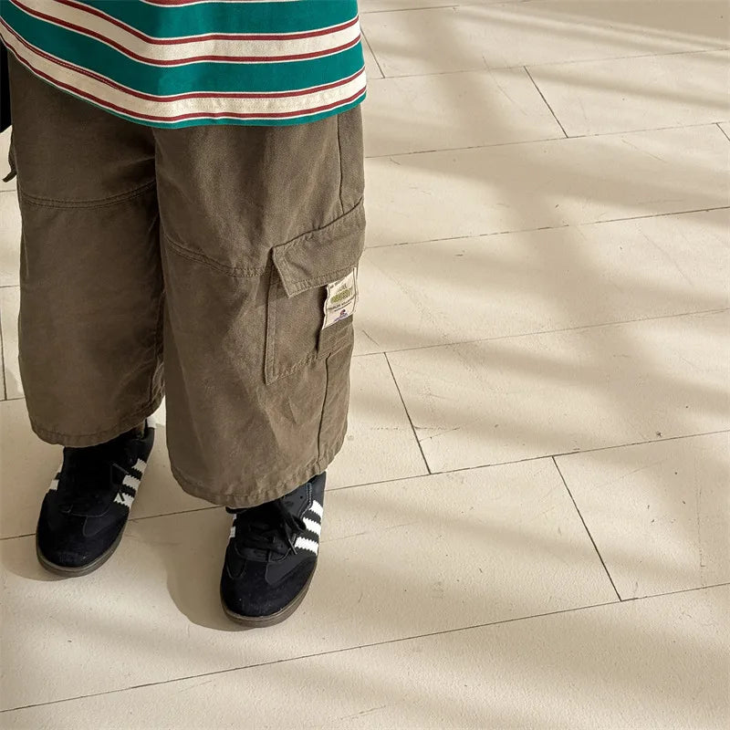 2025 Spring New Children Cargo Pants Cotton Boys Casual Pants Solid Versatile Baby Girls Loose Trousers Kids Wide Leg Pants