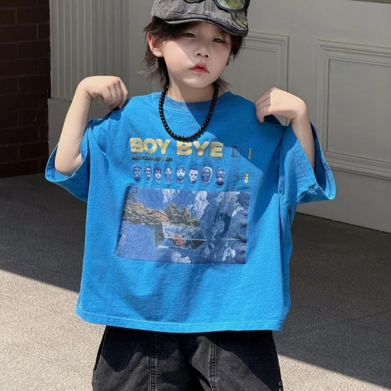 Children T-shirt Summer Boys Fashion Handsome Print Blue Crewneck Short Sleeve Loose Fit Version Tops Kid Clothes Tees A52020