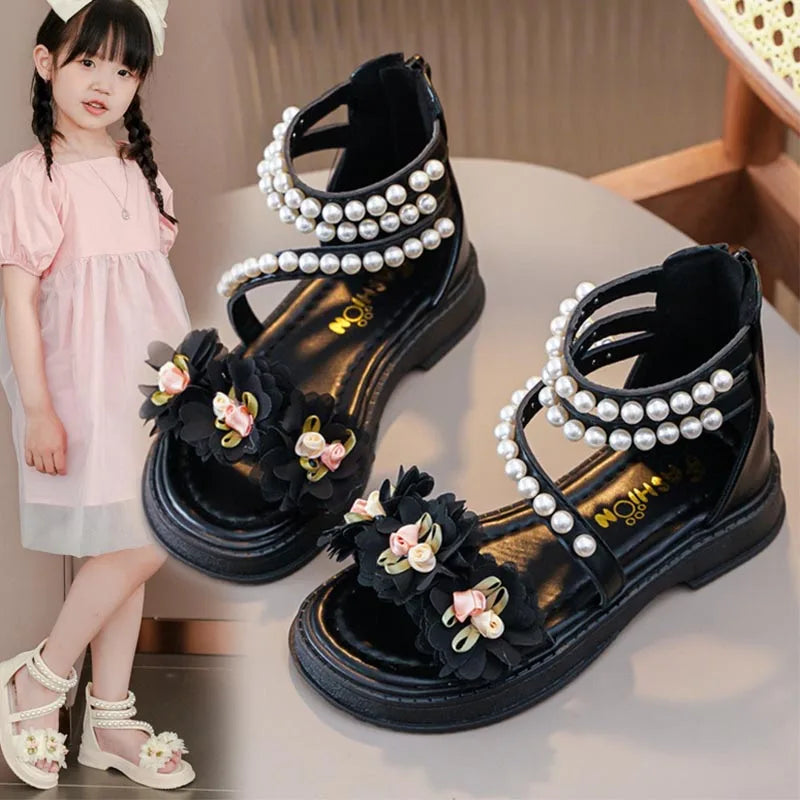 New Girls Summer Sandals Beige Flower Pearls Little Girl Princess Shoes Black Soft Bottom Non-slip Girls Kid Roman Sandals Shoes