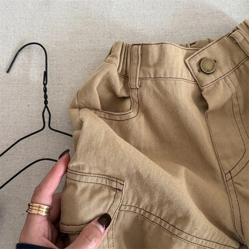2025 Spring New Children Cargo Pants Cotton Boys Casual Pants Solid Versatile Baby Girls Loose Trousers Kids Wide Leg Pants