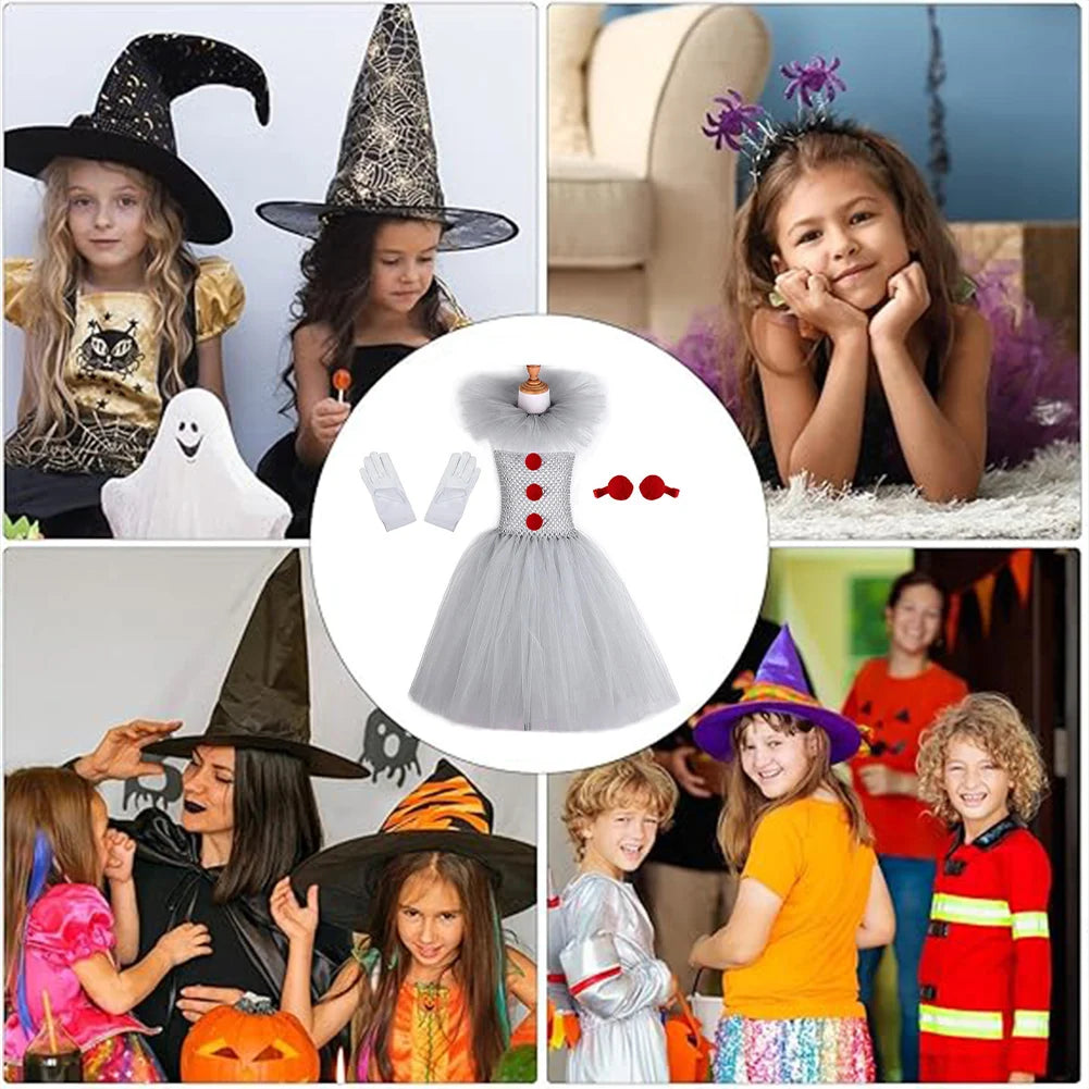 Girls Halloween Clown Tutu Dress Tulle Fancy Dress Creepy Clown Cosplay Clothes Halloween Dress Up Costume