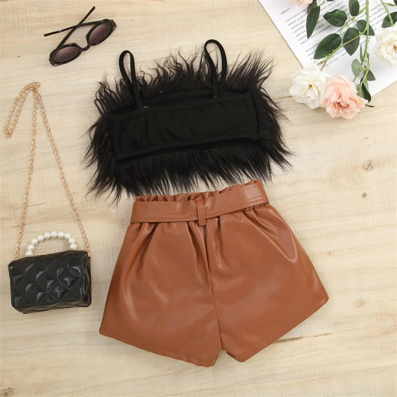 Listenwind 2-7Y Kids Children Girls Clothes Set Vest Tops Pu Leather Bow Shorts Summer Outfits