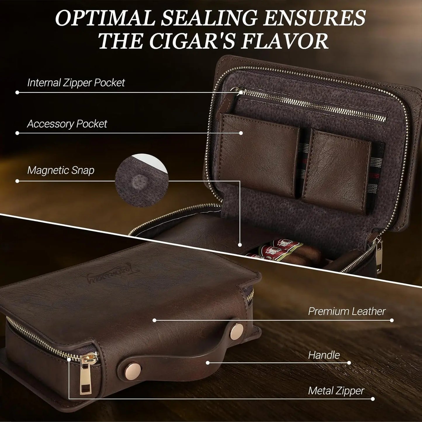 Cigar Humidor Leather Cedar Wood Cigar Case with Cigar Lighter, Cigar Cutter,Humidifier,Portable Travel Humidor Cigar Box