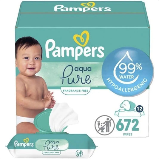 Pampers Baby Wipes Aqua Pure 99 waterbased wipes Hypoallergenic and Unscented Baby Wipes 672 Wipes Total 12 FlipTop Packs