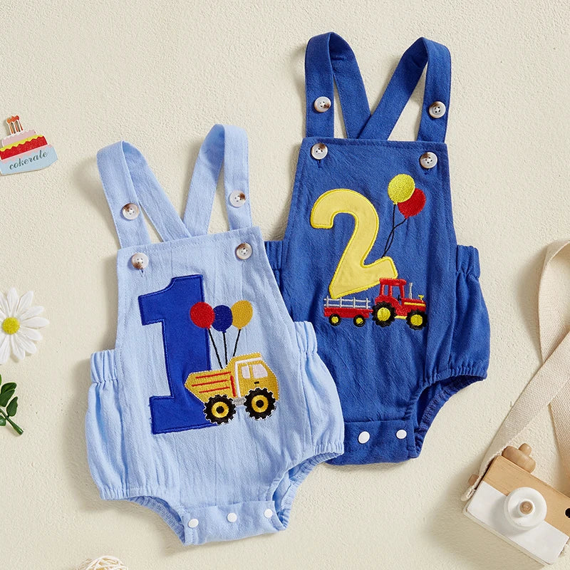 Infant 1st Birthday Denim Jumpsuit with Number Embroidery and Sleeveless Design Square Neck Baby Romper Bodysuit