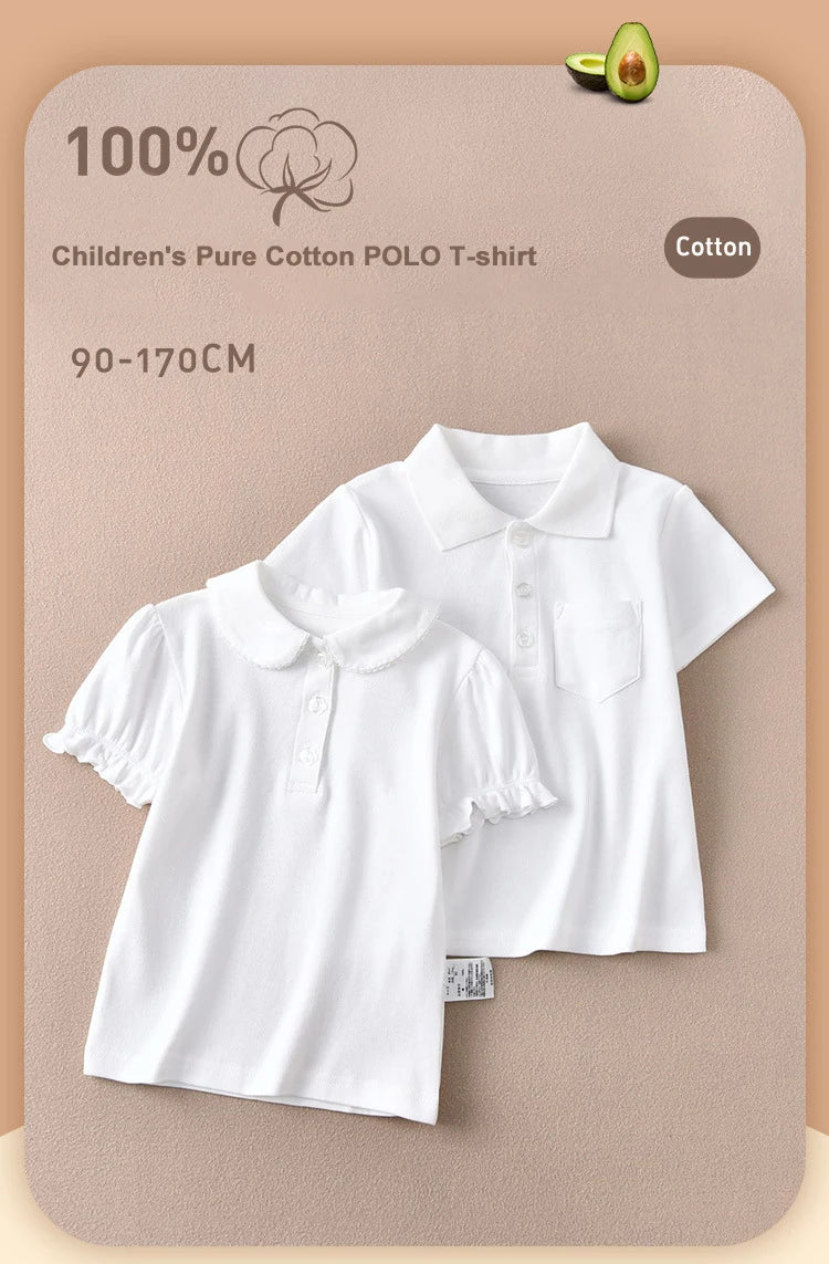 Children's short-sleeve Polo Shirts Boys and Girls 2025 Summer t-shirts 100% Cotton White School Tops 2T-16T Performance costume