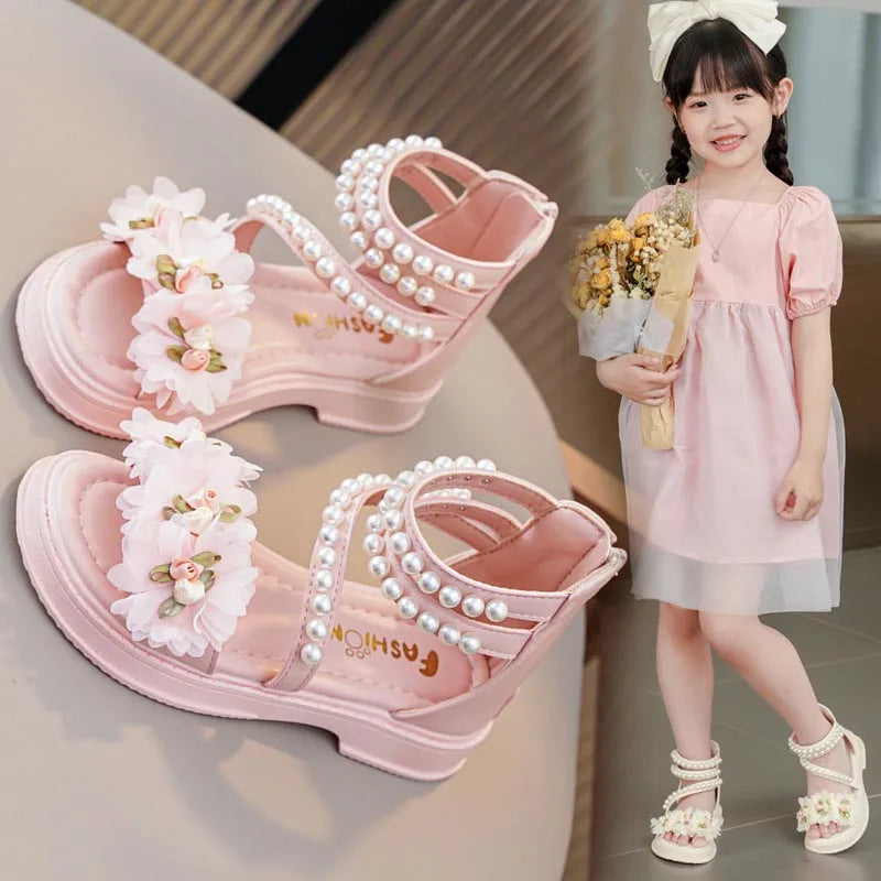 New Girls Summer Sandals Beige Flower Pearls Little Girl Princess Shoes Black Soft Bottom Non-slip Girls Kid Roman Sandals Shoes