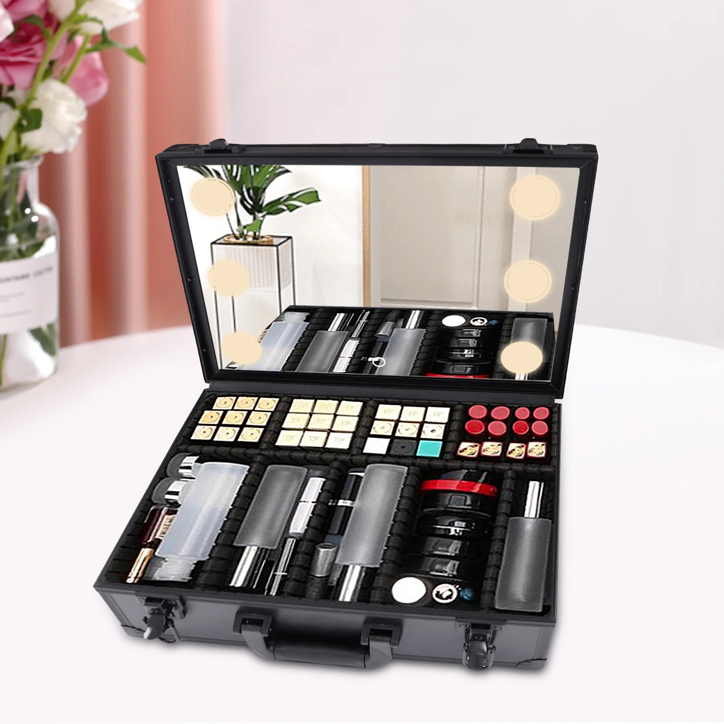 Travel Makeup Train Case Cosmetic Bag Makeup Bag Mirror LED Light Black