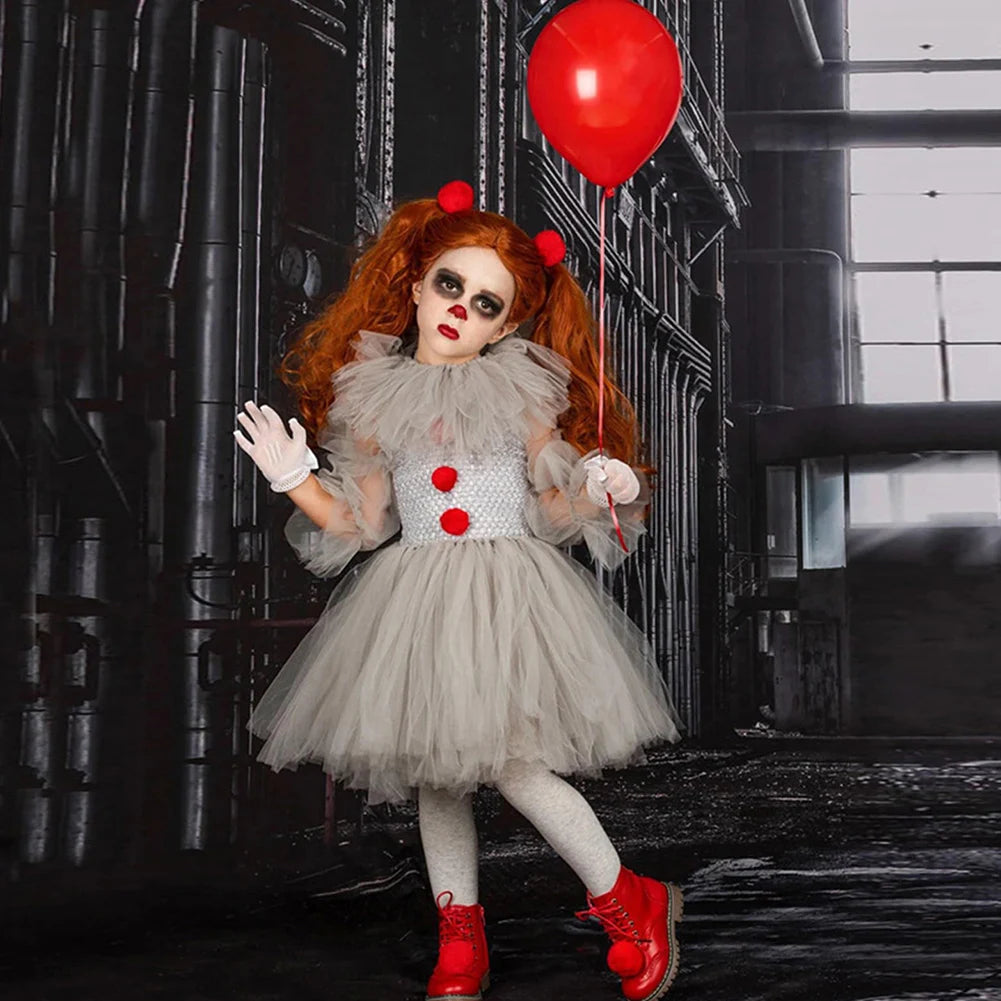 Girls Halloween Clown Tutu Dress Tulle Fancy Dress Creepy Clown Cosplay Clothes Halloween Dress Up Costume