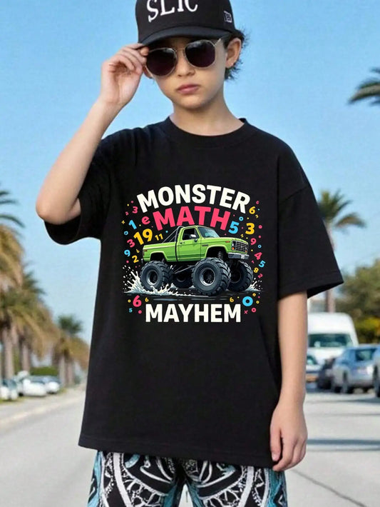 Boys/Girls Monster Truck Math Mayhem Back To School Cotton Graphic Tees, Black Casual With Numerical Monster Truck Design