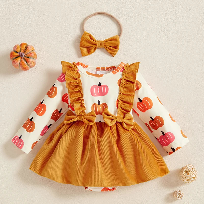 Toddler Girls Halloween Costume Dress with Pumpkin Print Romper Flying Sleeves O Neck and Matching Headband for a Spooky Look