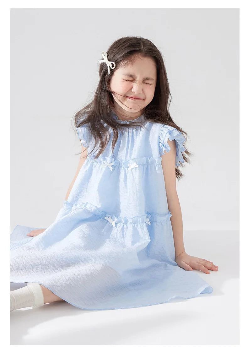 Girls Summer Dress Sweet Flying Sleeve Bow Lace Ruched Kids Girls Princess Dress Thin Cotton Cool Children Girls Dress