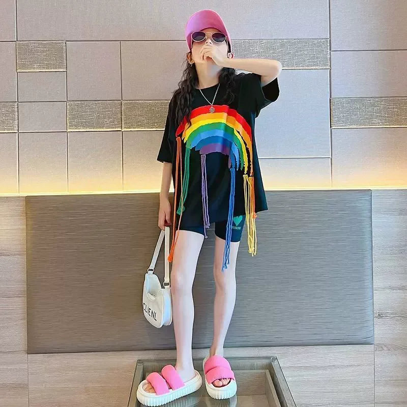 Girls T-shirt Summer Teenagers Short Sleeve Tops Tees Sport Kids School Costume Children Long Clothes 4-12 Years Old