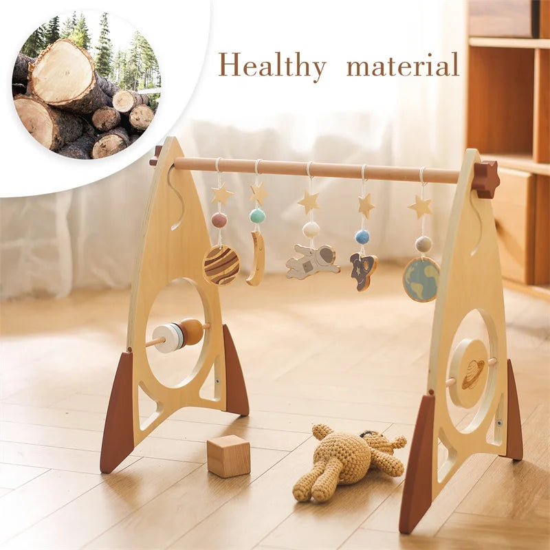 Baby Wooden Gym Frame Rocket Model Newborn Play Gym Activity Celestial Hanging Pendant Rattle For Baby Education Montessori Toys