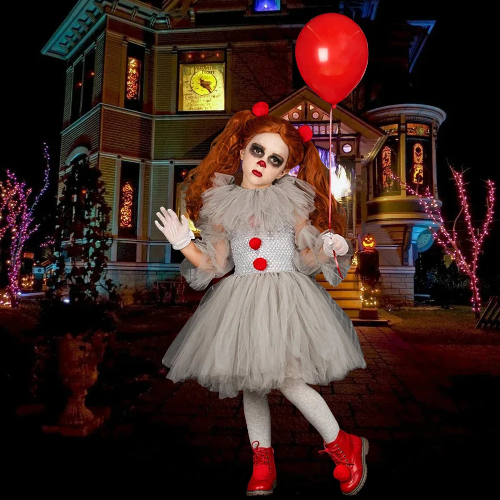 Girls Halloween Clown Tutu Dress Tulle Fancy Dress Creepy Clown Cosplay Clothes Halloween Dress Up Costume
