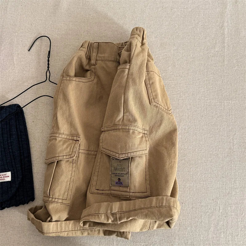 2025 Spring New Children Cargo Pants Cotton Boys Casual Pants Solid Versatile Baby Girls Loose Trousers Kids Wide Leg Pants