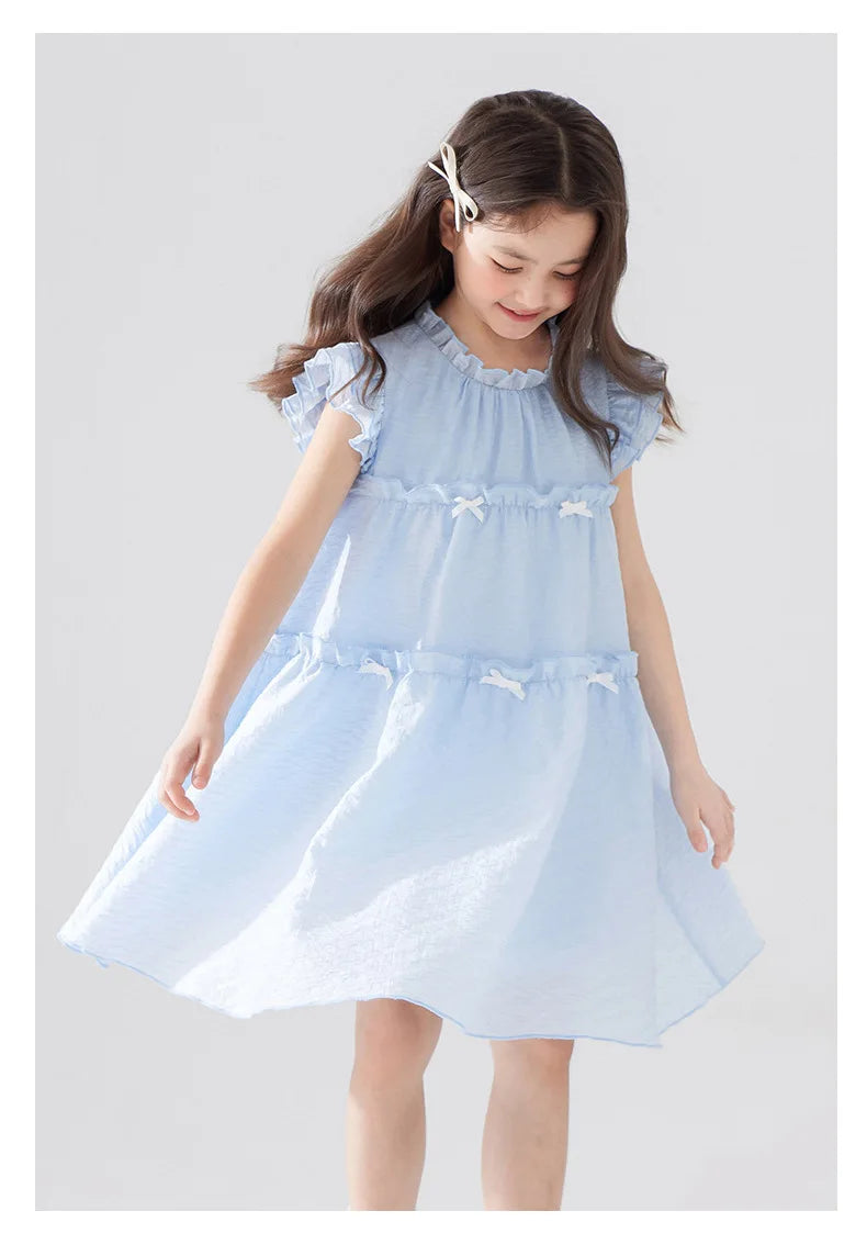 Girls Summer Dress Sweet Flying Sleeve Bow Lace Ruched Kids Girls Princess Dress Thin Cotton Cool Children Girls Dress
