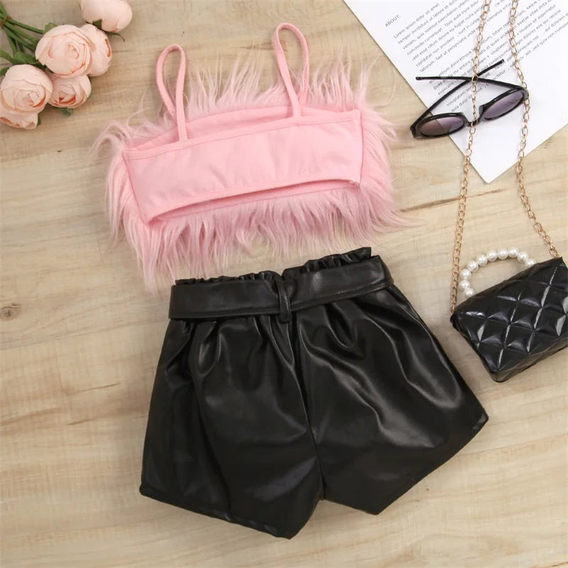 Listenwind 2-7Y Kids Children Girls Clothes Set Vest Tops Pu Leather Bow Shorts Summer Outfits