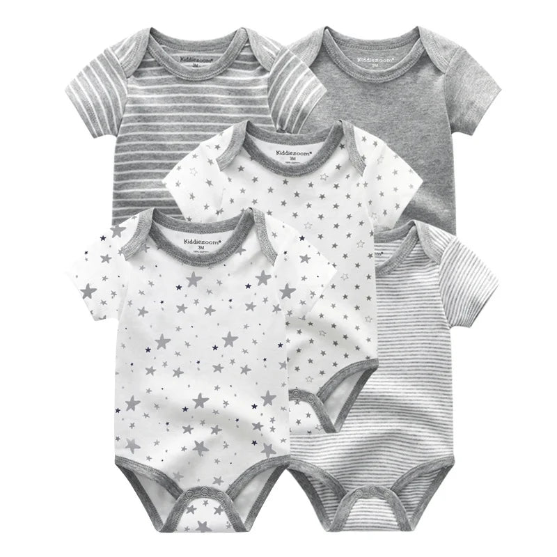 Kiddiezoom 5 Piece Fashion Cartoon Boys and Girls Bodysuits 100% Cotton Soft Newborn Bodysuit Set Summer