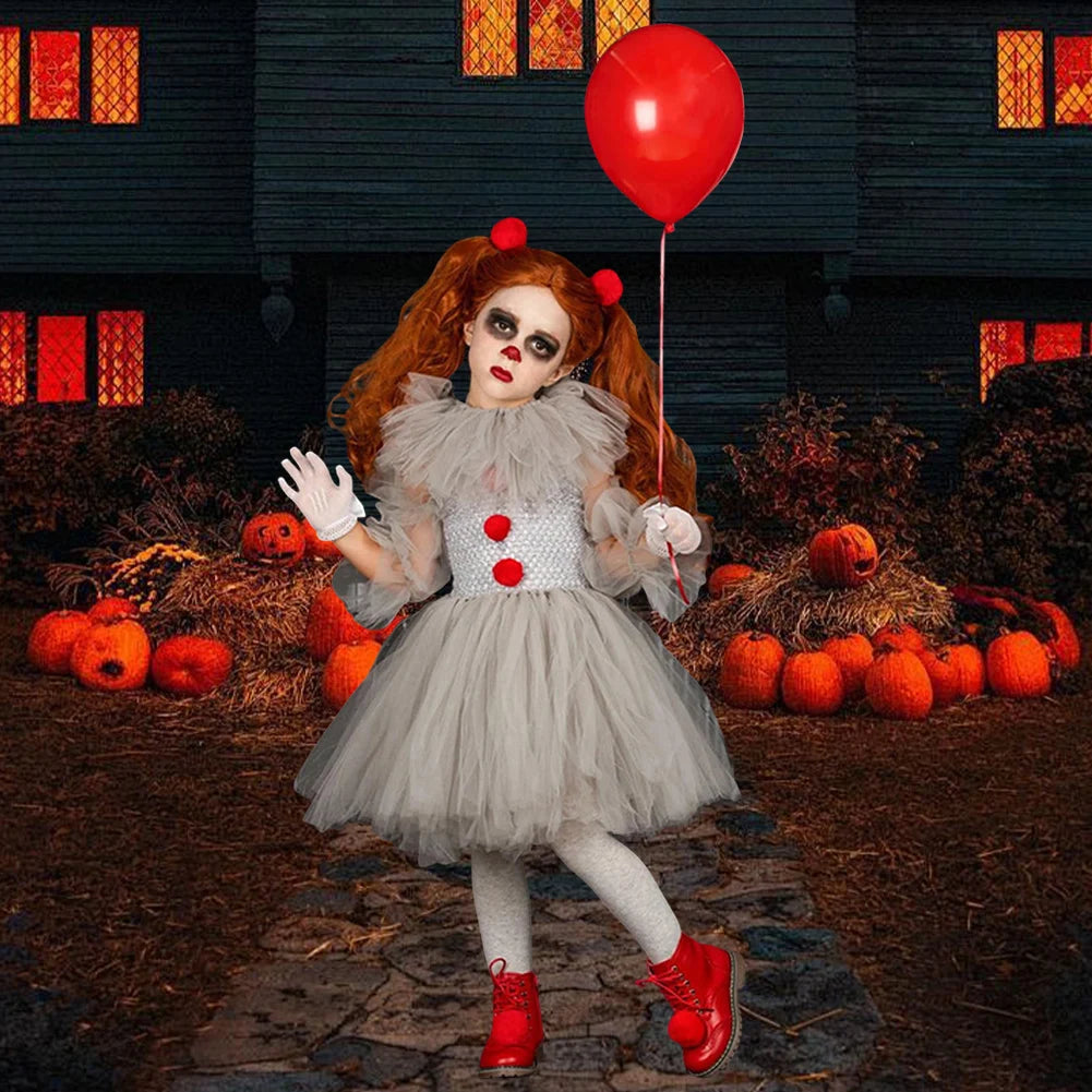 Girls Halloween Clown Tutu Dress Tulle Fancy Dress Creepy Clown Cosplay Clothes Halloween Dress Up Costume