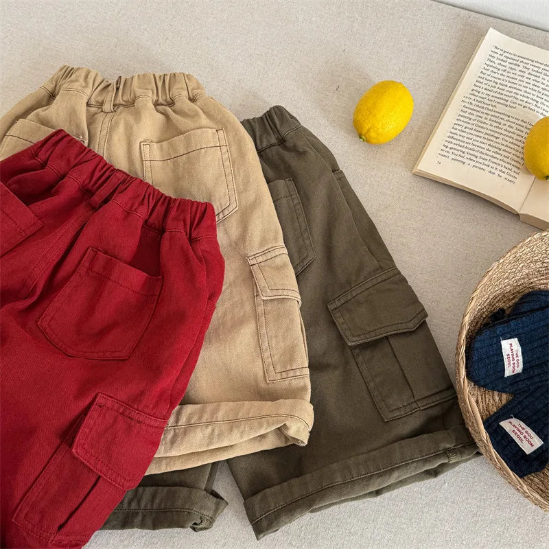 2025 Spring New Children Cargo Pants Cotton Boys Casual Pants Solid Versatile Baby Girls Loose Trousers Kids Wide Leg Pants