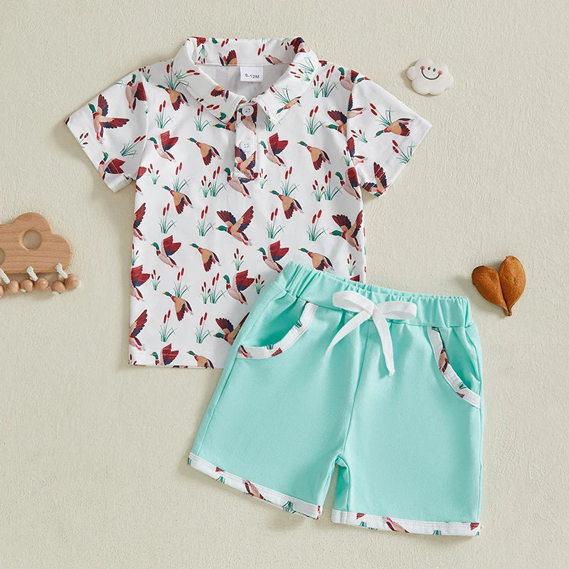 Toddler Boys Casual Outfits Dinosaur Print Short Sleeve Shirt and Shorts Set for Summer 2 Piece Clothing Set with Elastic