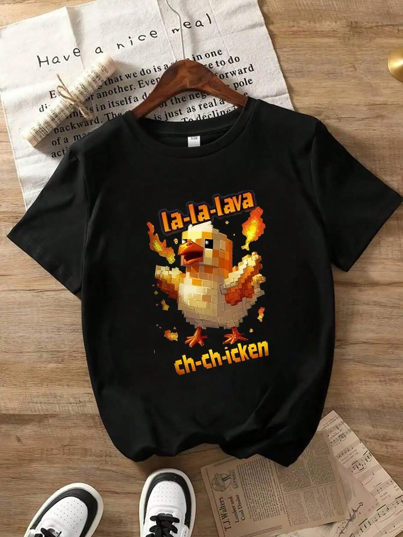 Tween Boys Pixelated Lava Chicken Cotton Graphic Tees, Black Casual Summer Tops With La-La-Lava Ch-Ch-Icken Text